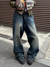 American Retro Worn Looking Washed-out Wide Leg Jeans