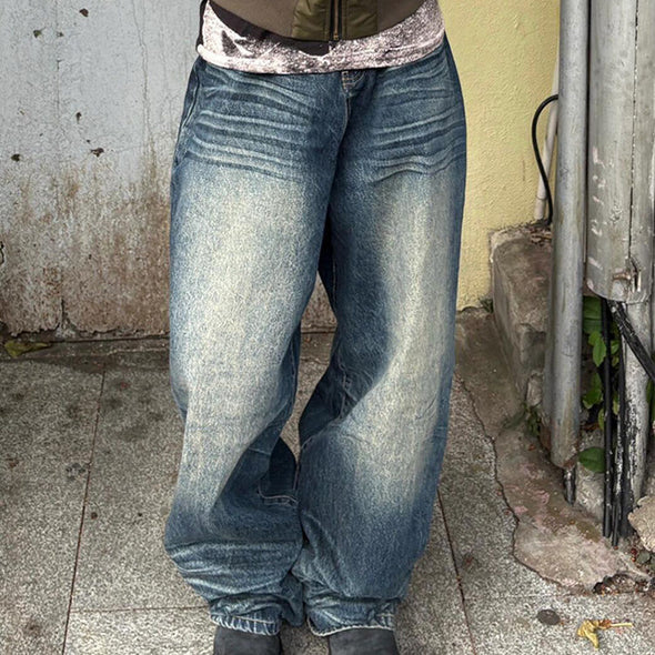 American Retro Worn Looking Washed-out Wide Leg Jeans
